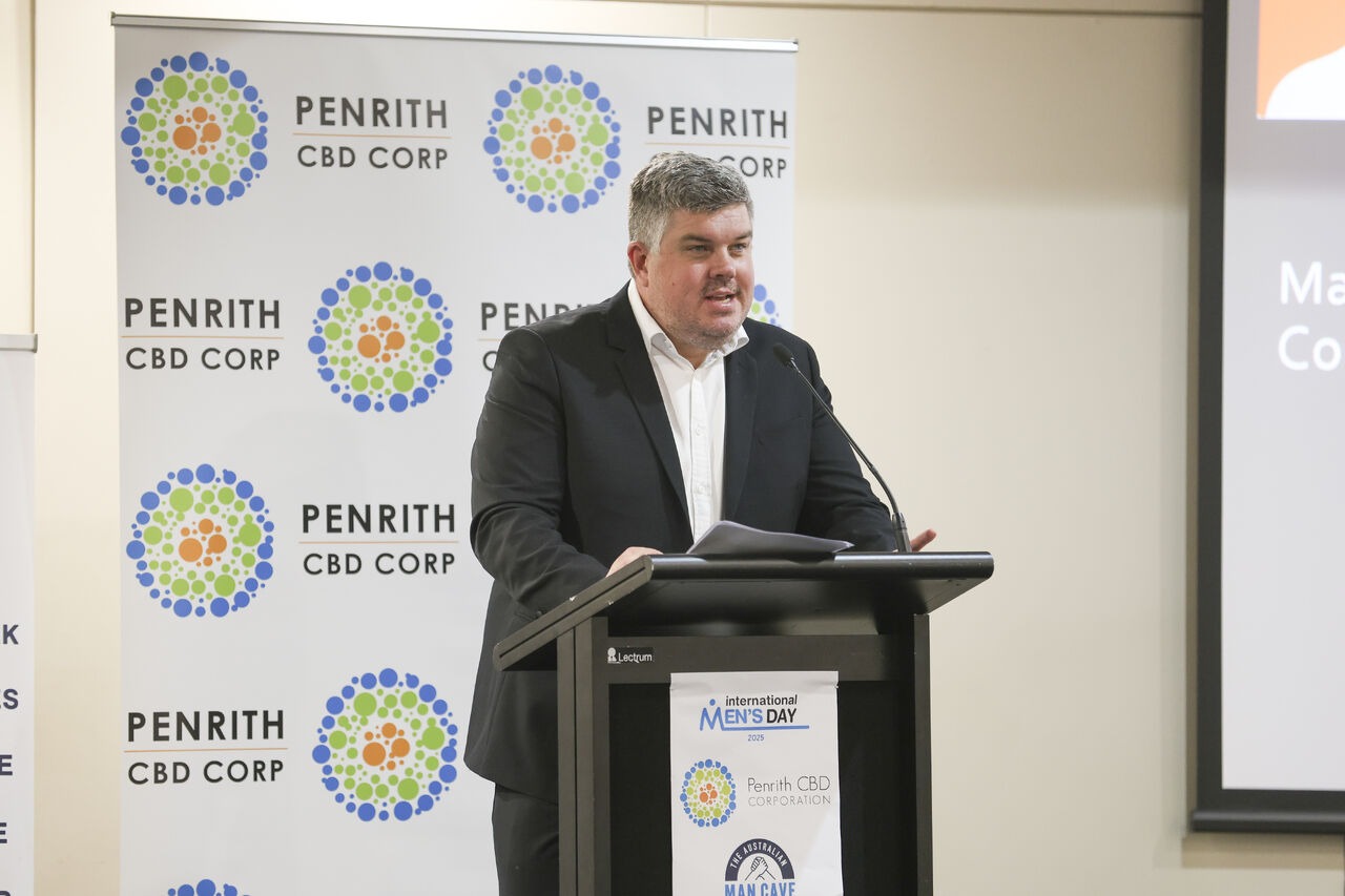 Troy Dodds speaking at a Penrith CBD Corporation event